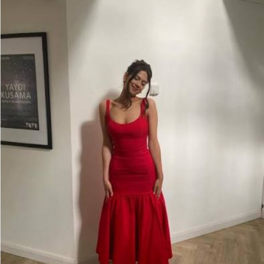 House of CB Red Scoop-Neck Midi Dress drop waist xs amore scarlet - Picture 7 of 15